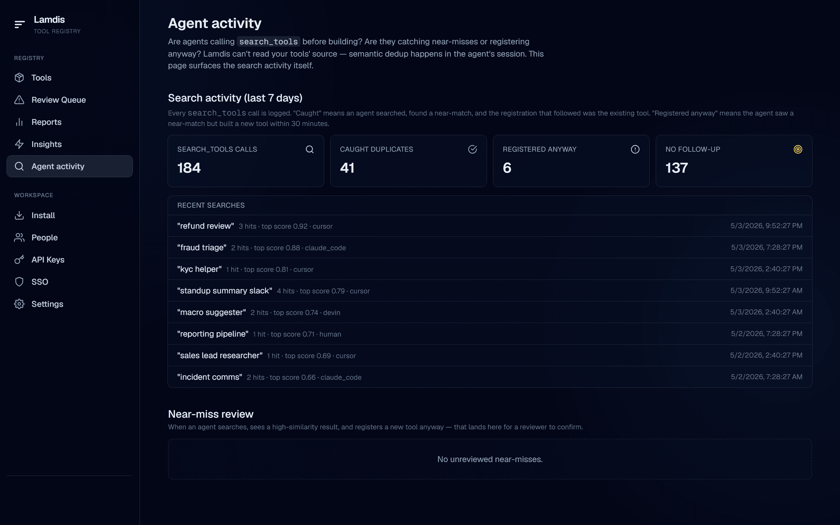 Lamdis activity feed showing what tools people across the company are searching for and building.