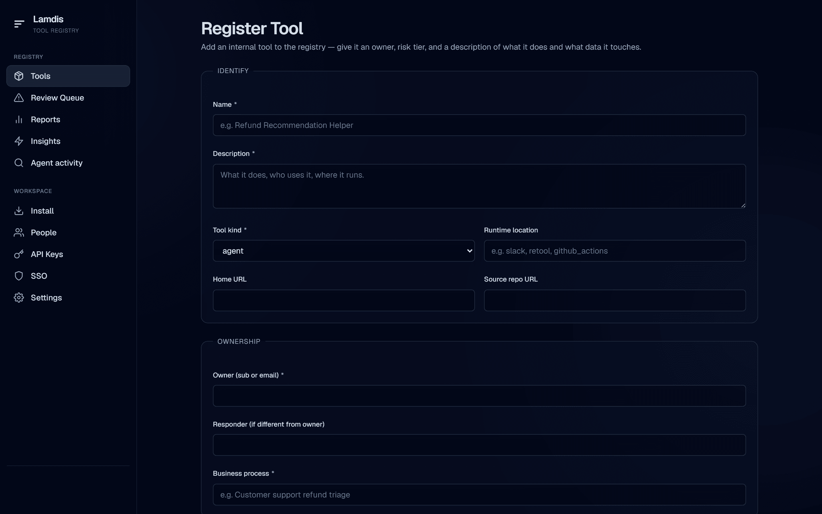 Registering an internal tool in the Lamdis platform — name, owner, kind, risk tier, AI runtime.