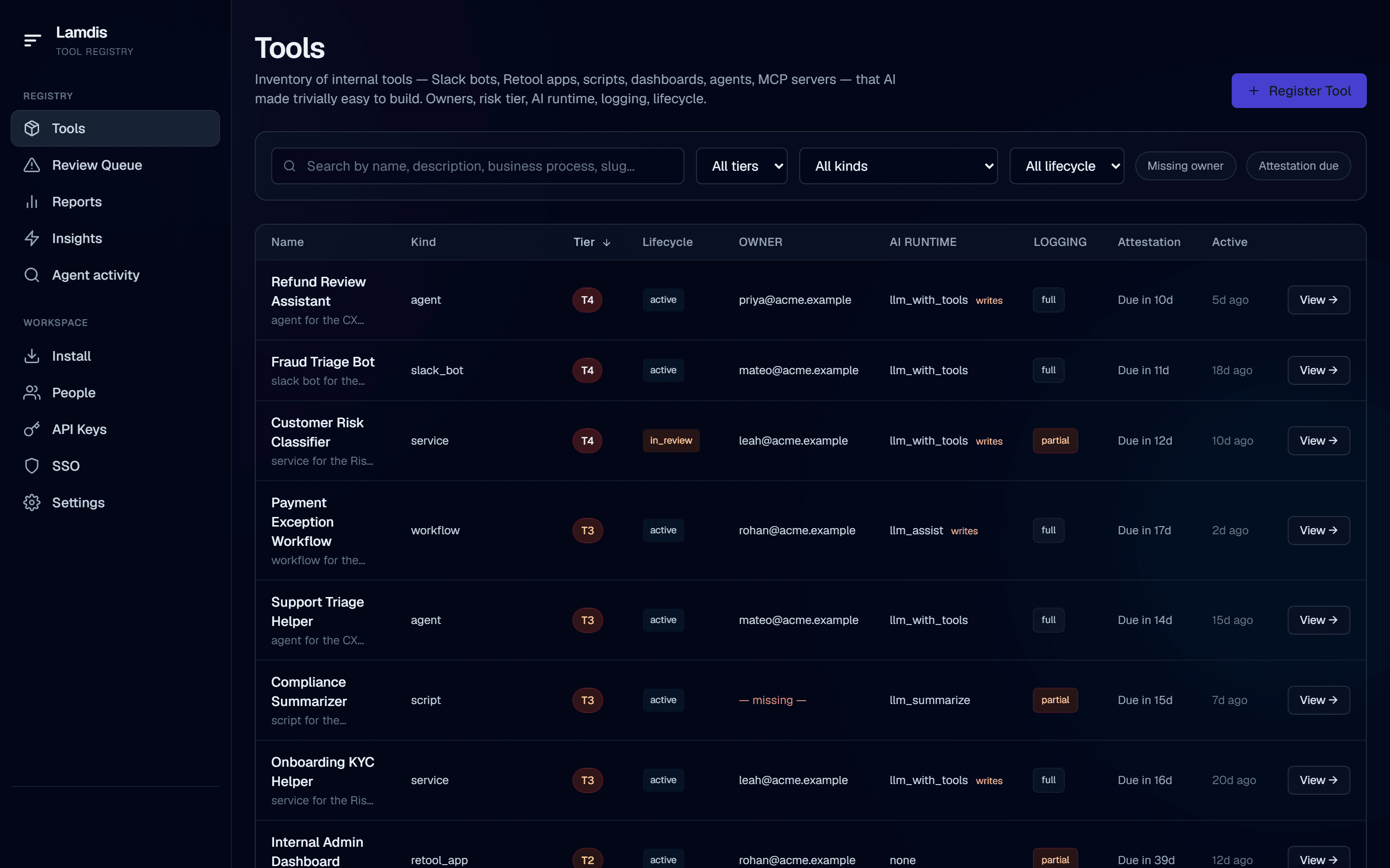 The Lamdis tools registry showing every internal tool with risk tier, owner, AI runtime, logging, and lifecycle.