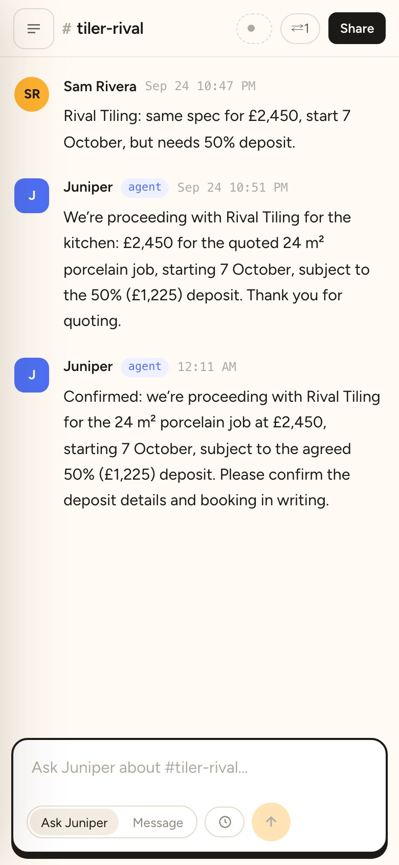 Lamdis on a phone: a vendor's channel where the agent confirms their quote.