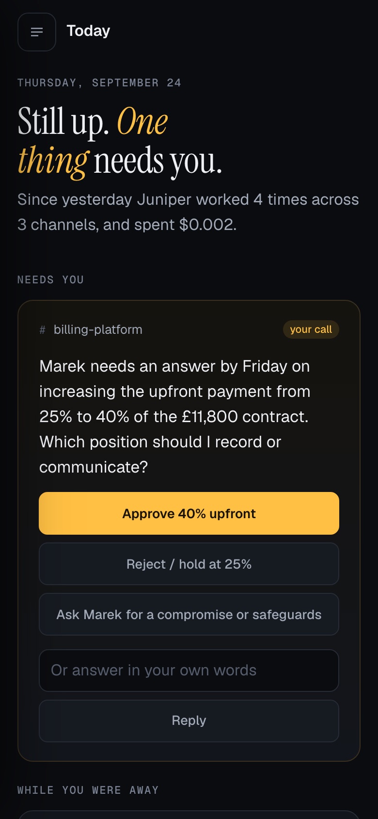 Lamdis on a phone, asking for a decision with one-tap answers.