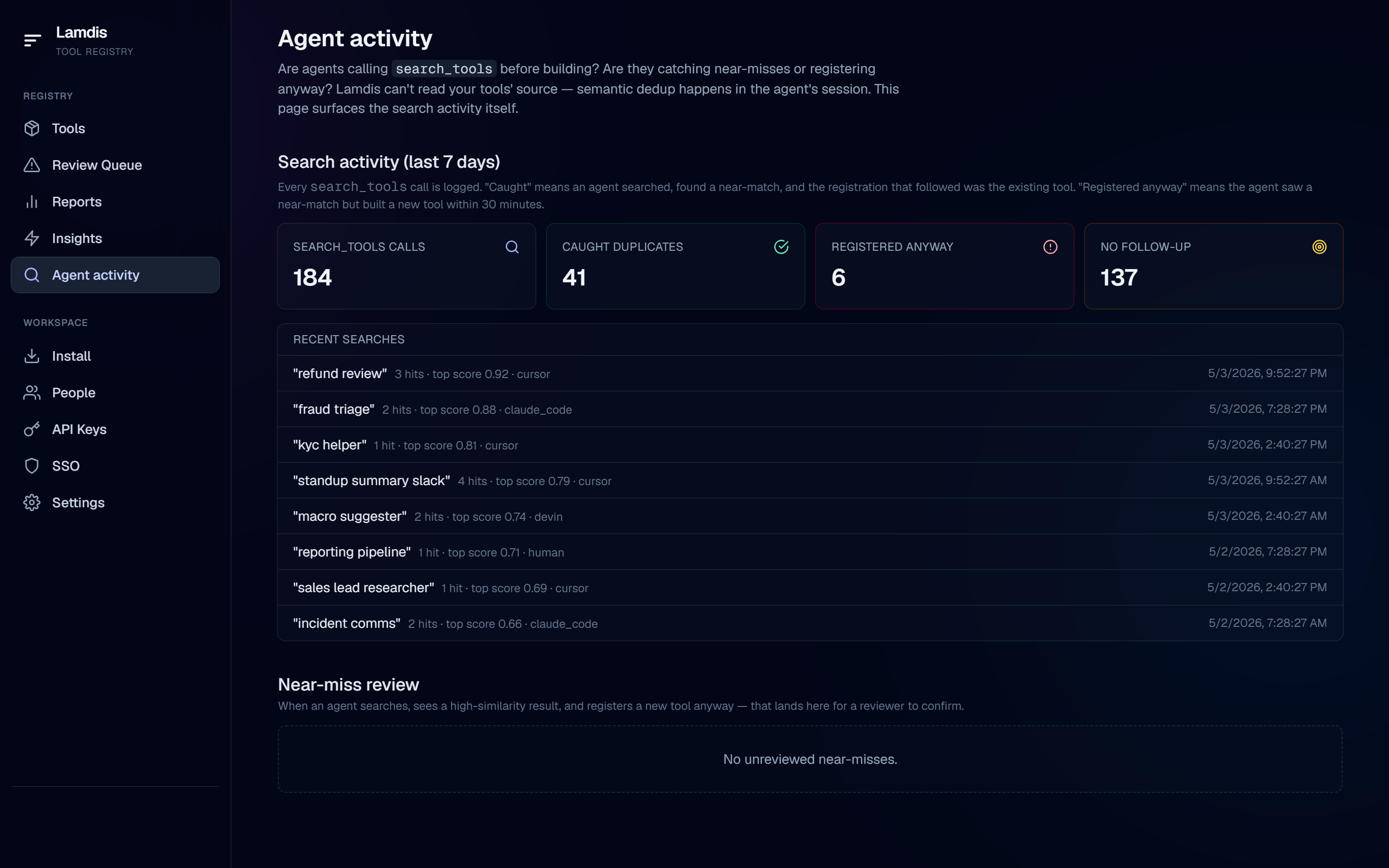 Lamdis activity feed showing what tools people across the company are searching for and building.