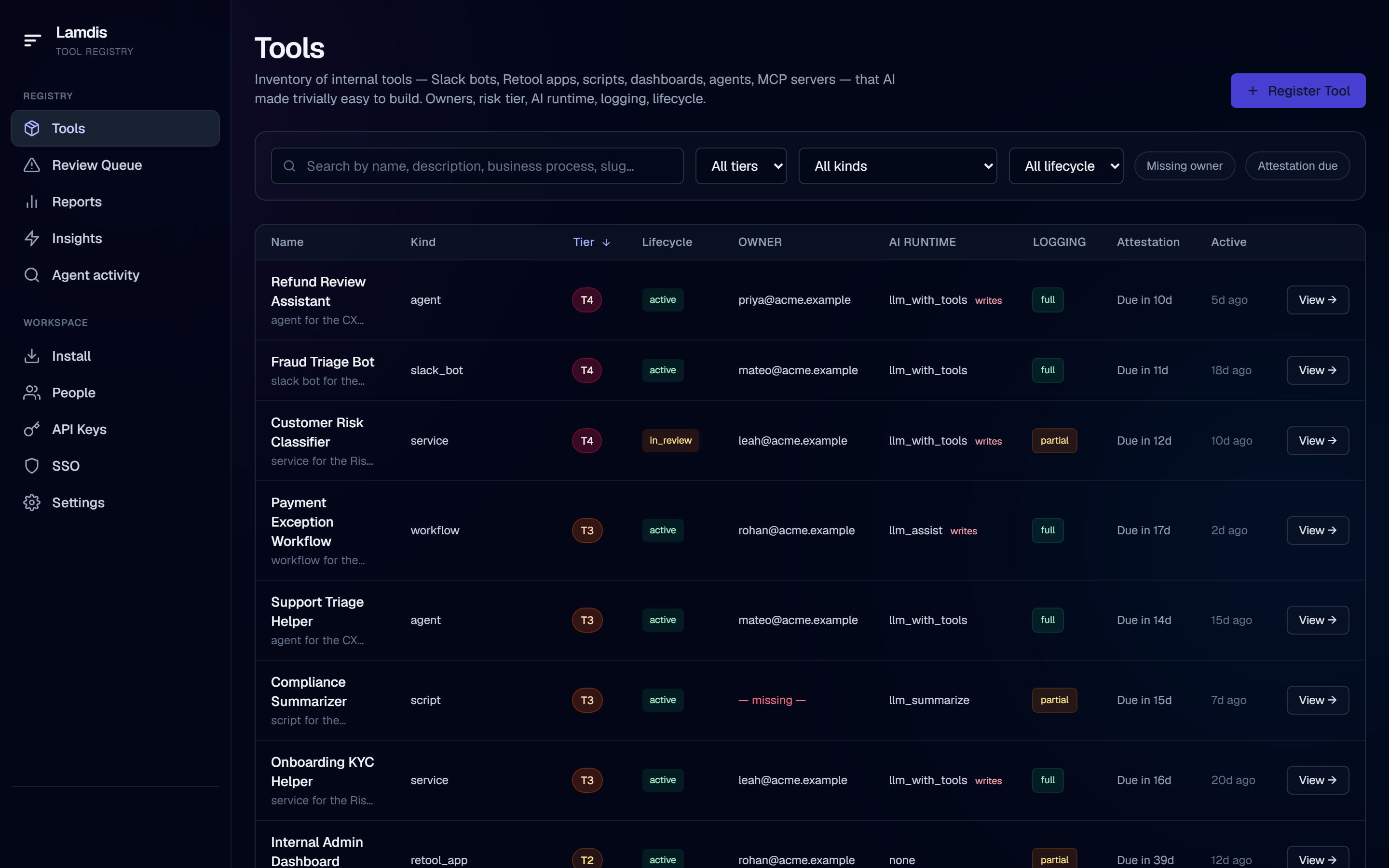 The Lamdis tools registry showing internal tools with risk tier, owner, AI runtime, logging, and lifecycle.